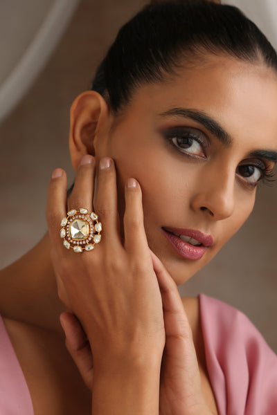 Pink meenakari ring. This gorgeous handcrafted ring is set in zircon and ruby stone.