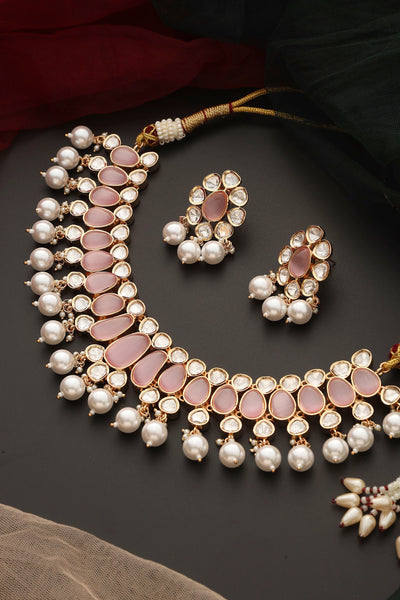 Amreen Pink Polki and Pearl Necklace Set