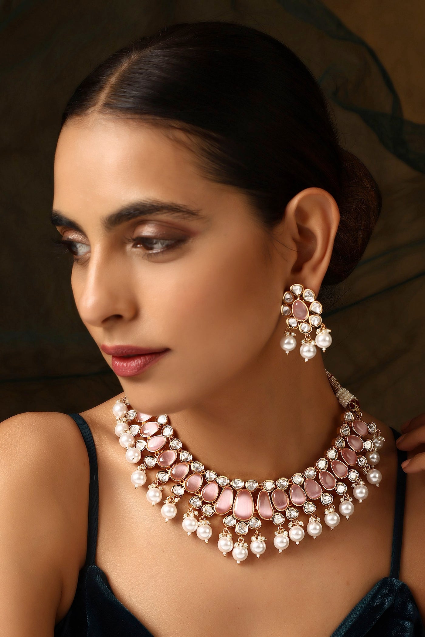 Amreen Pink Polki and Pearl Necklace Set