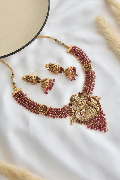 Maahi Red Temple Work Necklace Set