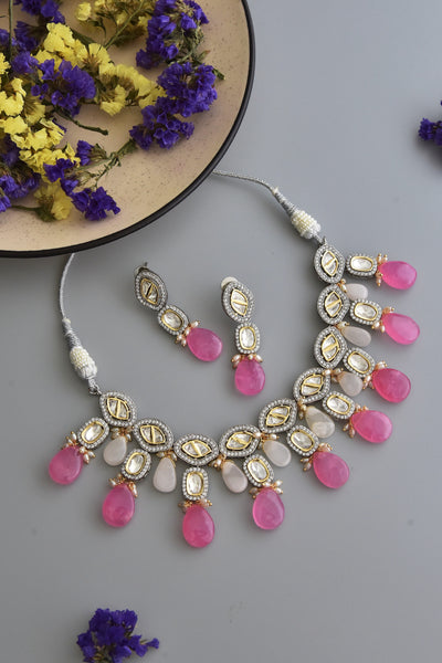Hailey Pink Silver Plated Victorian Polki Necklace Set