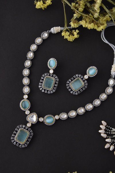 Nissa Mint Victorian Polki Silver Necklace Set
