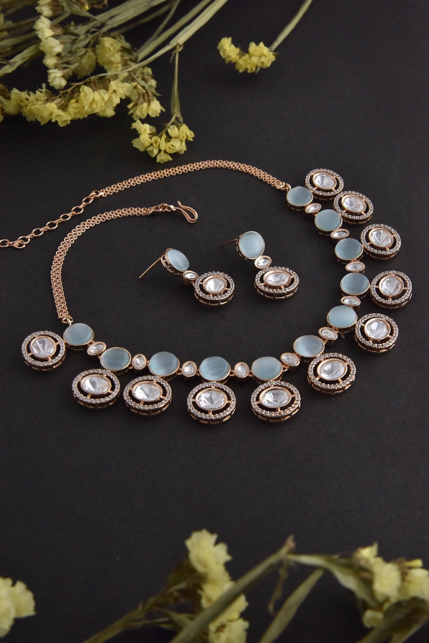 Sophia Blue Polki Silver Necklace Set