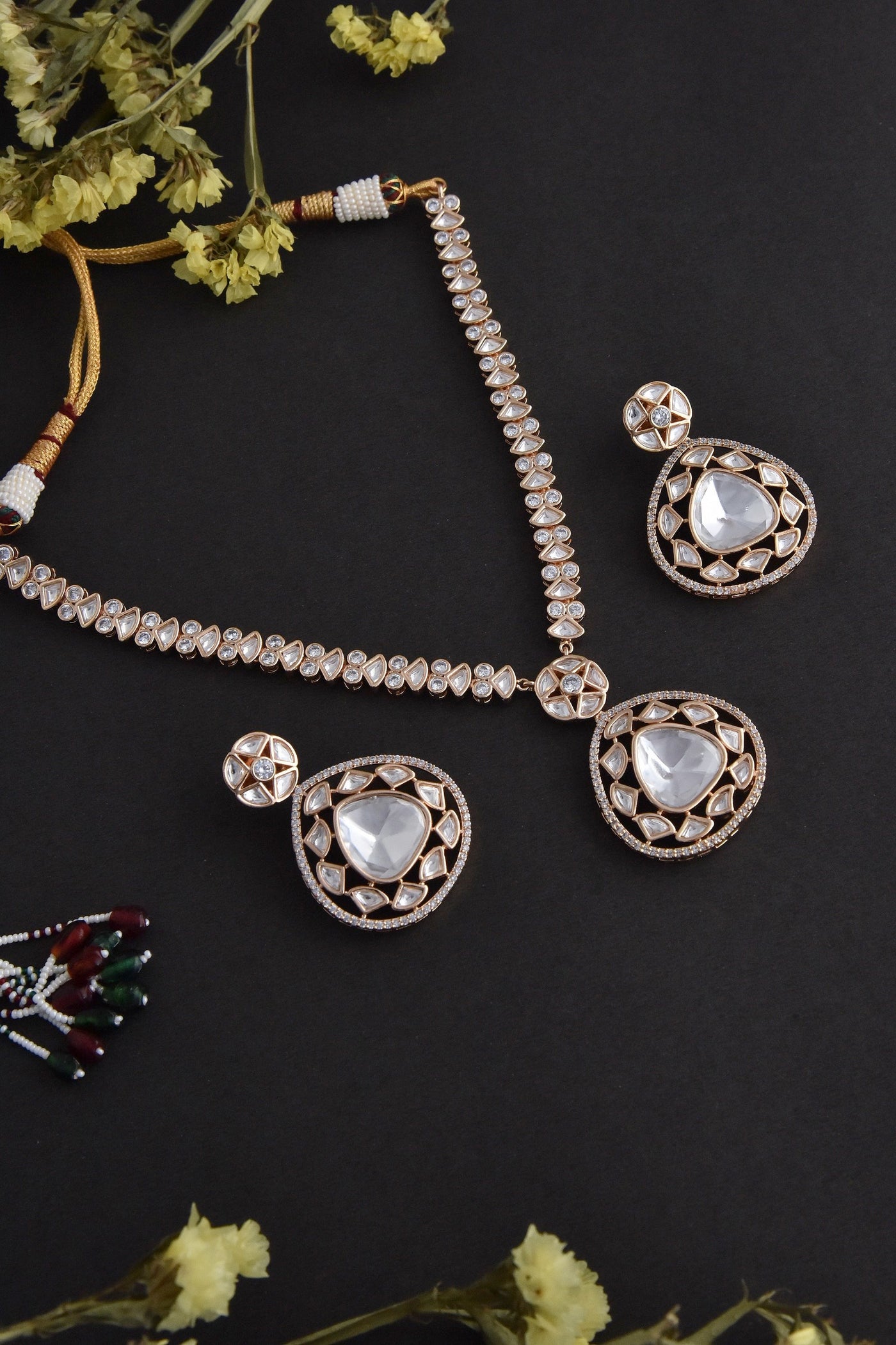 Sarah Rose Gold Polki Silver Necklace Set