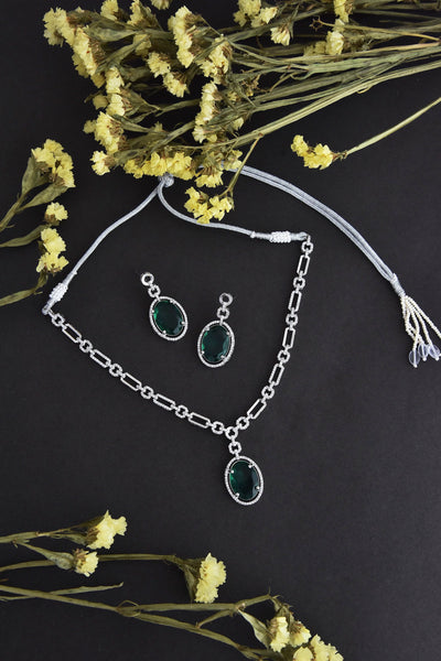 Camilia Emerald Silver Necklace Set
