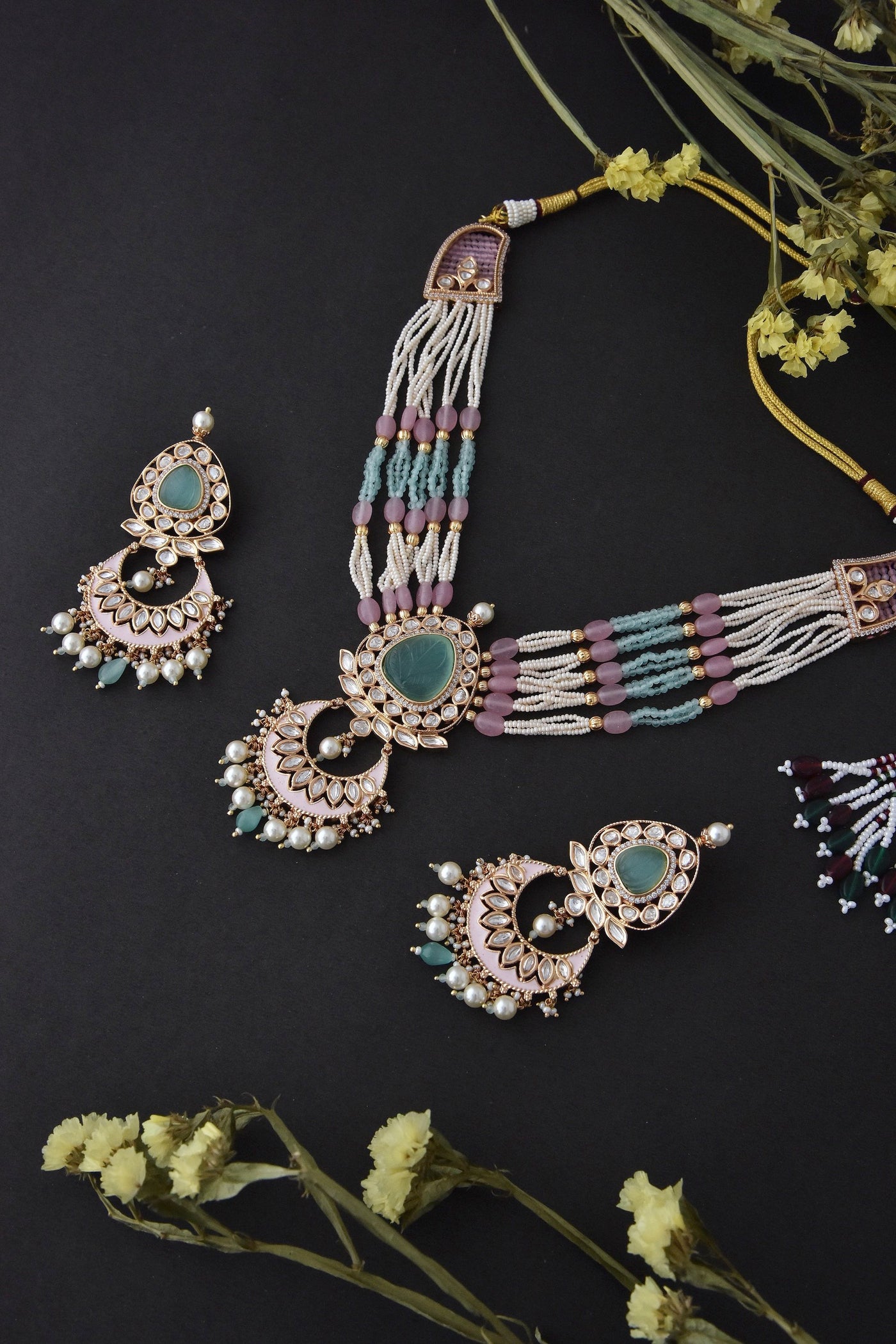 Qayannat Mint and Pink Polki Silver Necklace Set