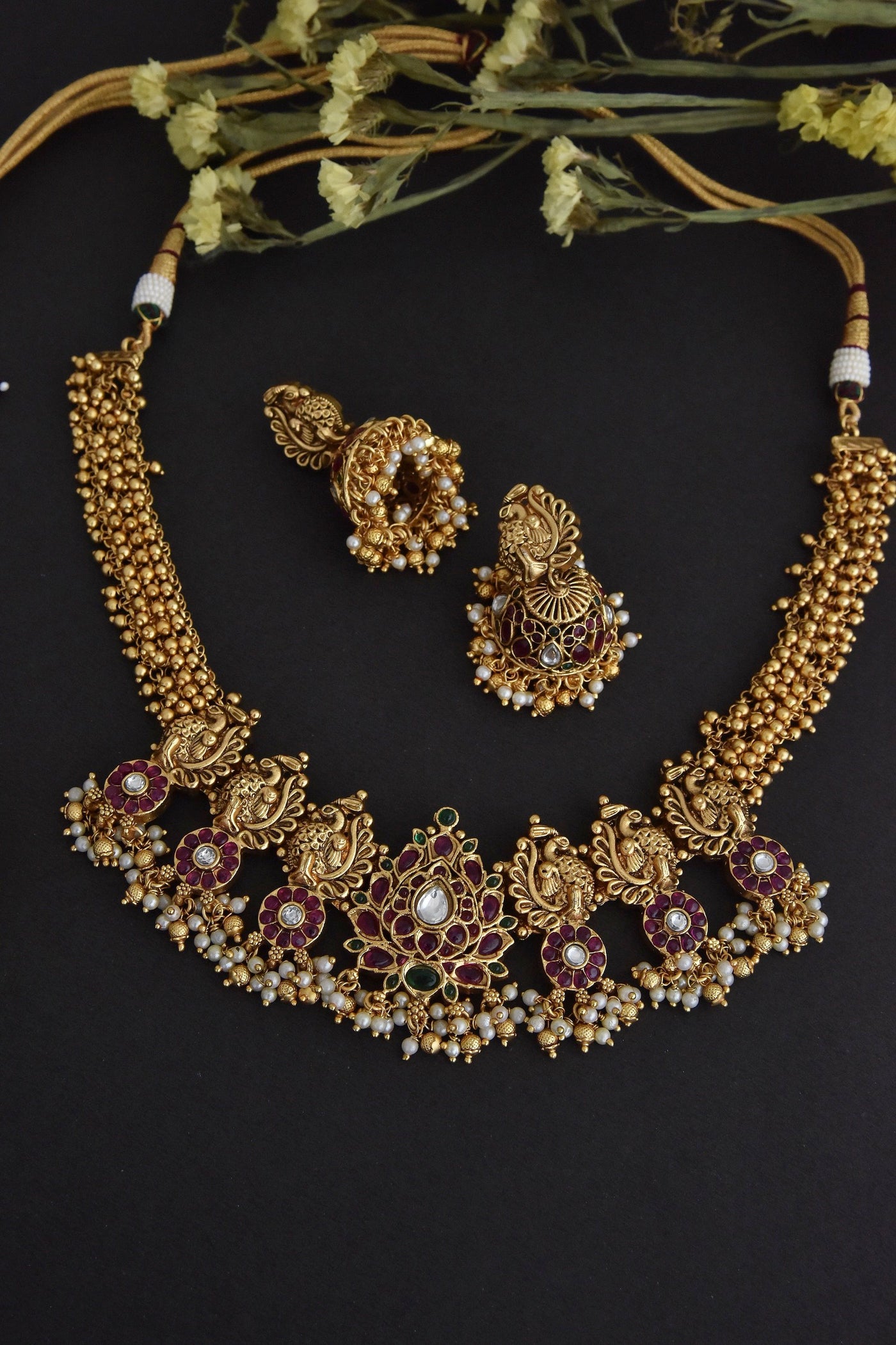 Nallini Red and Green Temple Necklace Set