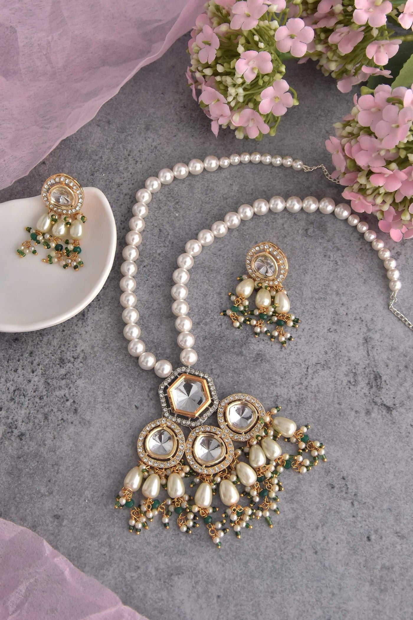 Dakshayni White Polki and Pearl Long Necklace Set