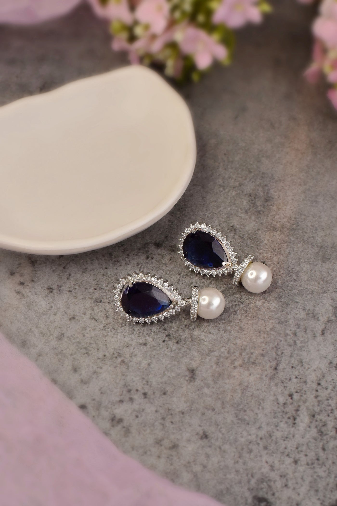Adlen Blue Sapphire and Pearl Stud Earrings