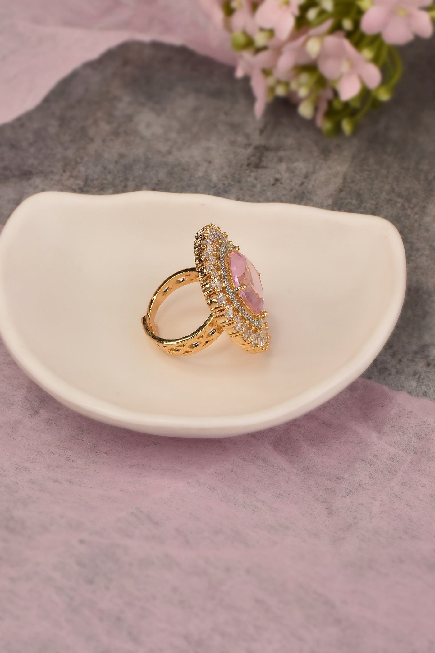 Pamla Rose Quartz Zirconia Adjustable Ring