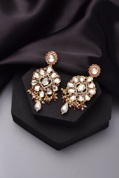 Hema Red Polki and Pearl Dangler Earrings