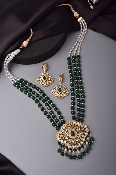 Narya Green and Gold Long Polki Necklace Set