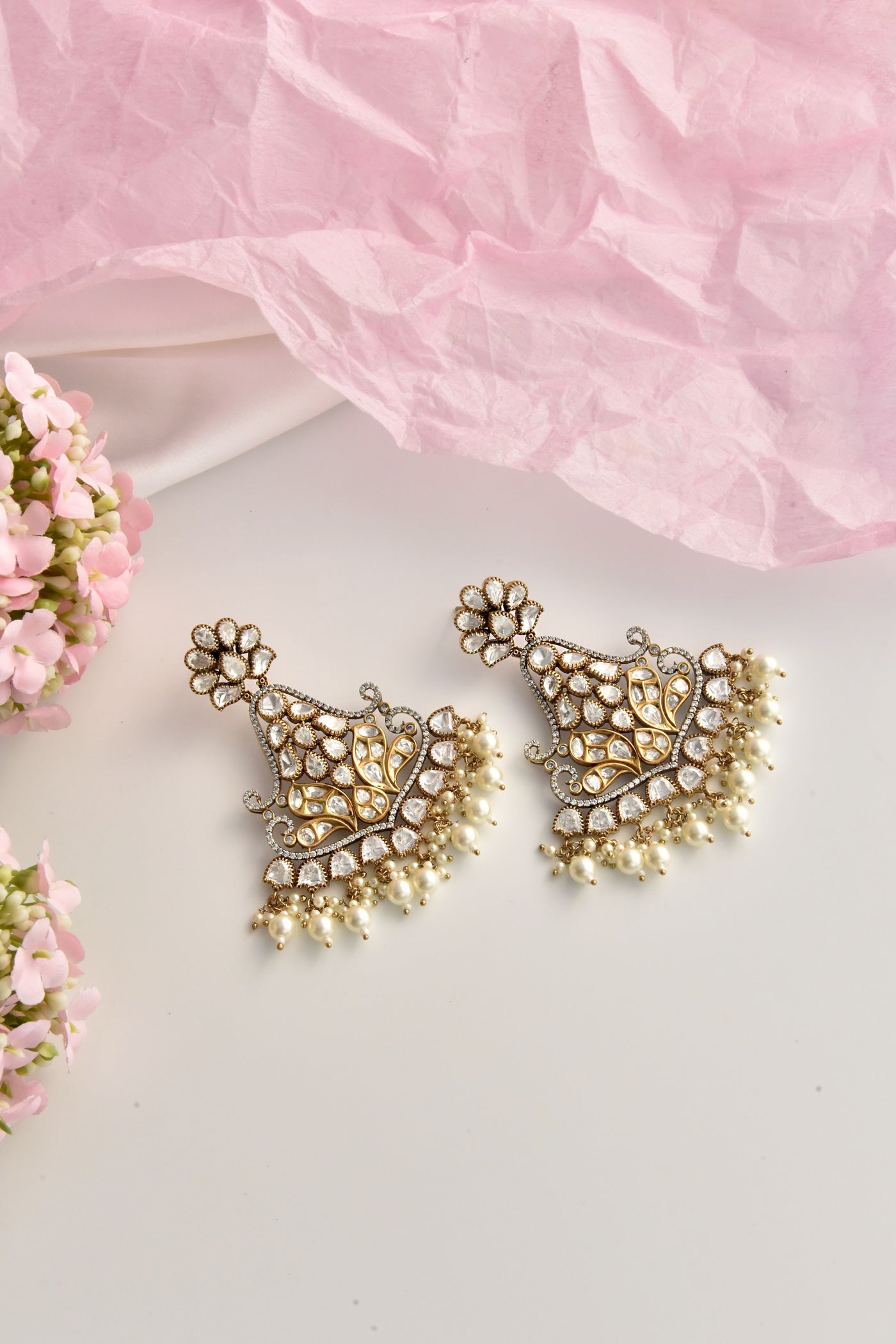 Ahsaas White Victorian Polki and Pearls Chandbali Earrings