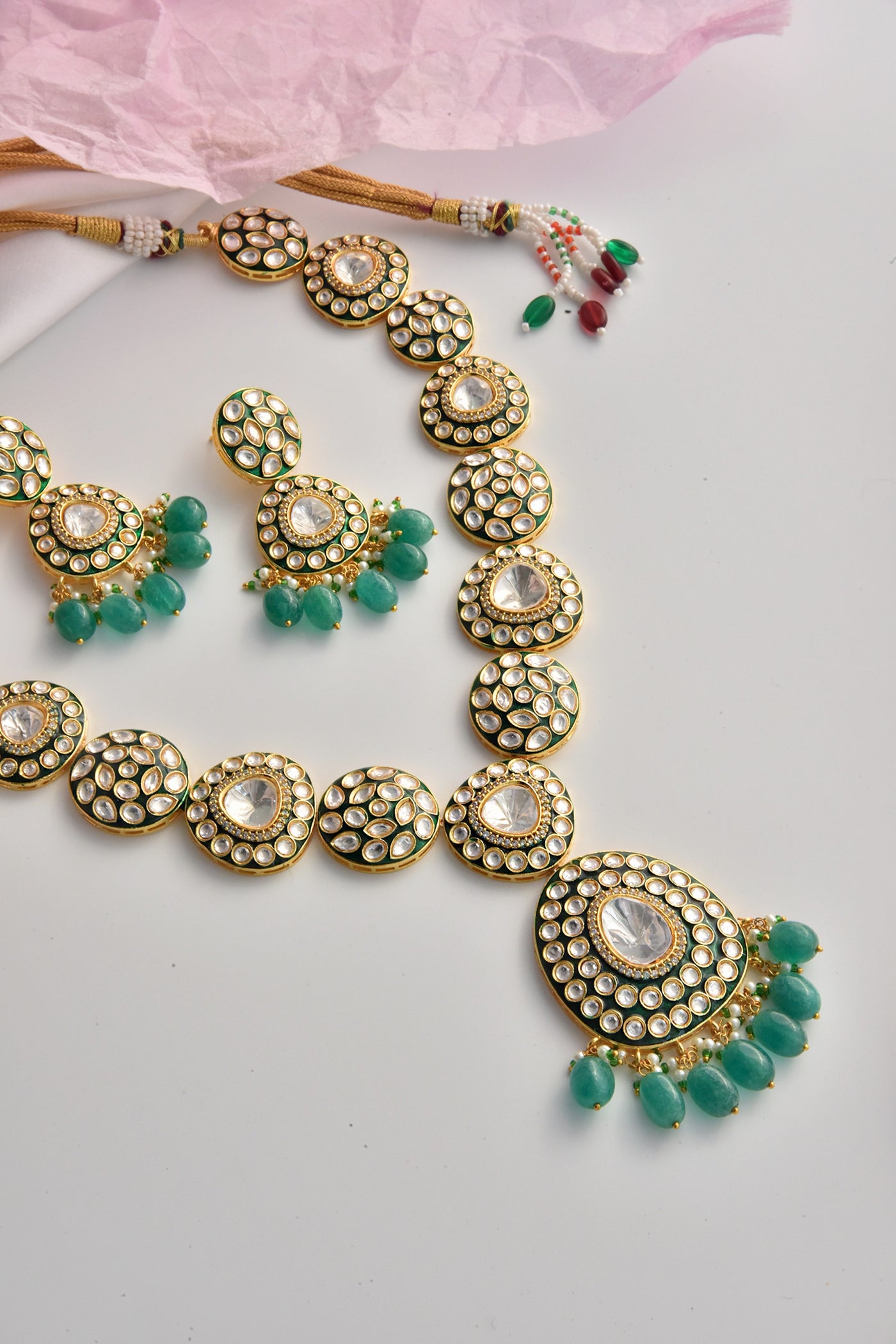 Aarya Green Polki Long Necklace Set