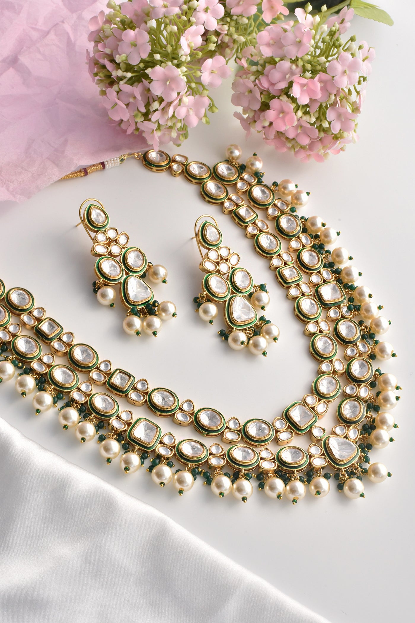 Mazosi Green Polki and Pearl Long Necklace Set