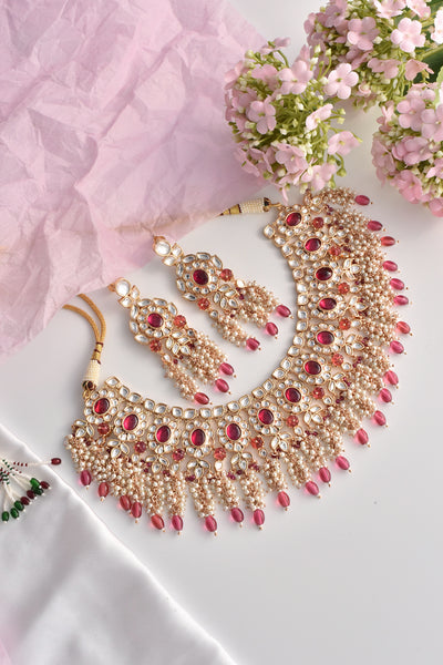 Kainash Red Polki and Pearl Necklace Set