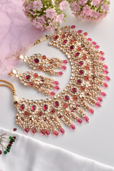 Kainash Red Polki and Pearl Necklace Set