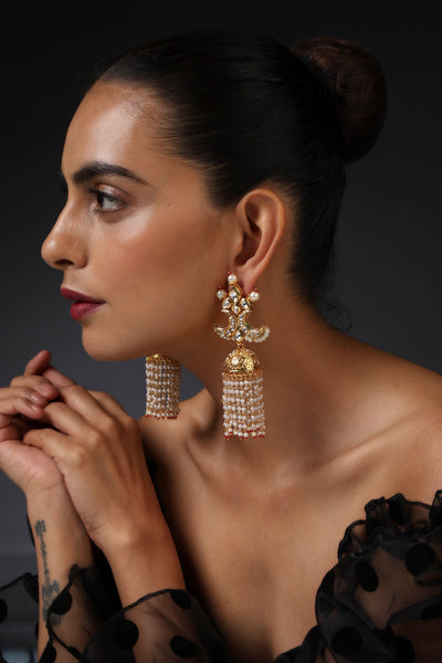 Yashvi Gold Kundan and Pearl Jhumka Earrings