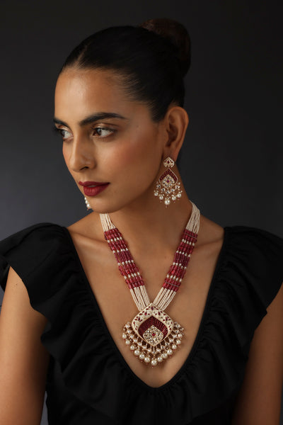 Nimra Red and White Kundan Silver Necklace Set