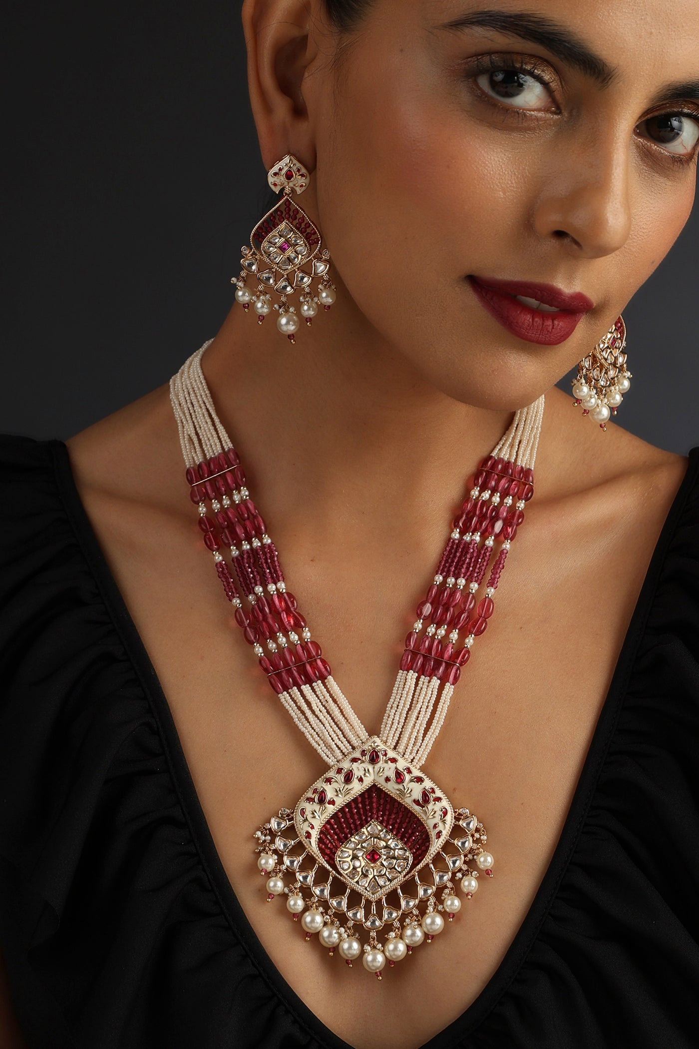 Nimra Red and White Kundan Silver Necklace Set