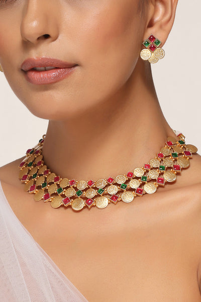 Chaya Red and Green Temple Necklace Set