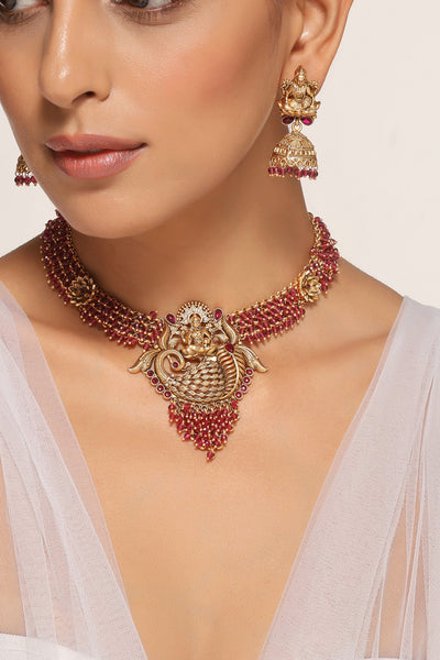 Maahi Red Temple Work Necklace Set