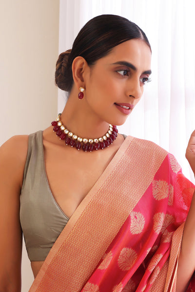 Shereena Maroon Gold Plated Kundan Short Necklace Set