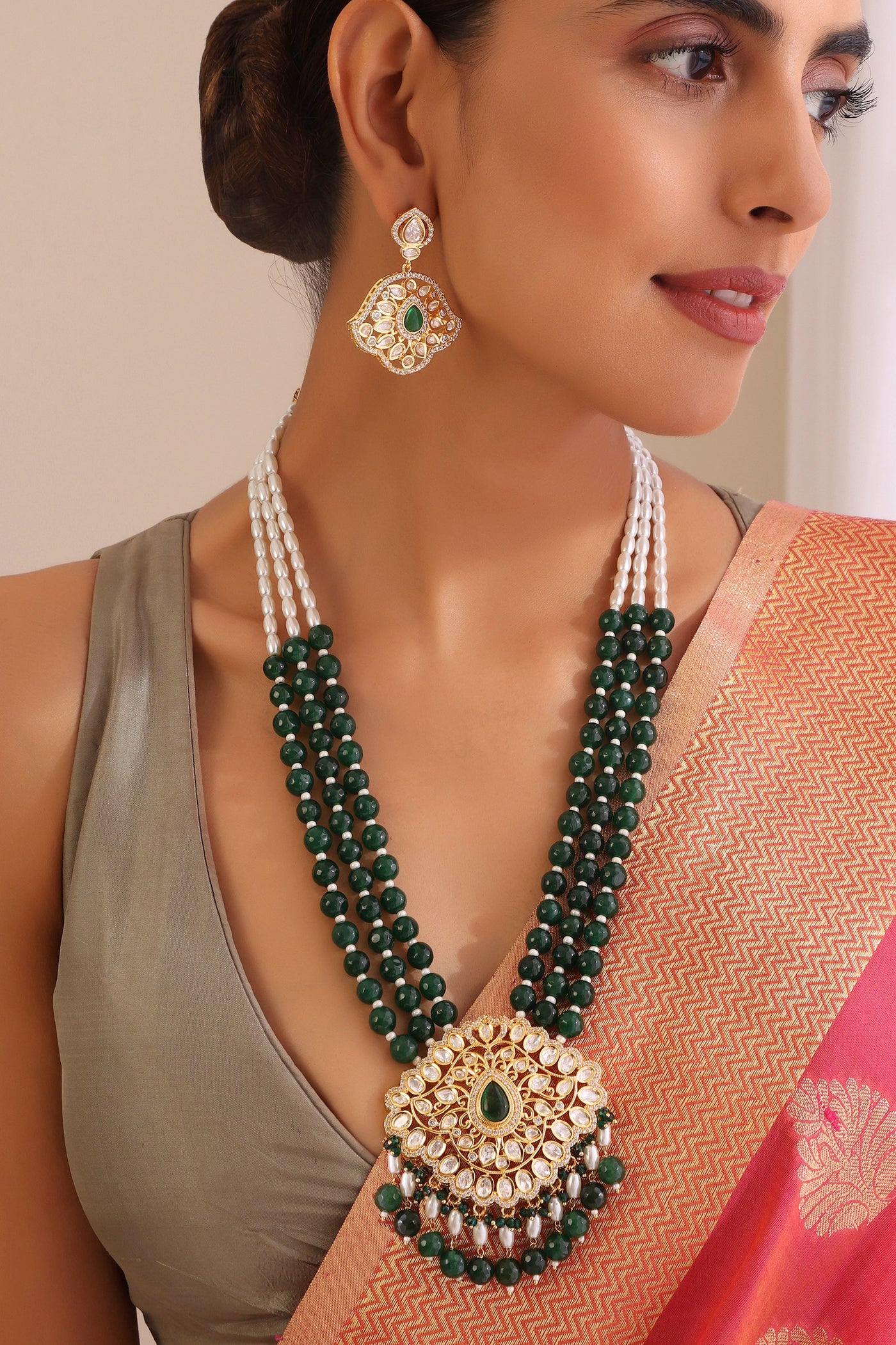 Narya Green and Gold Long Polki Necklace Set