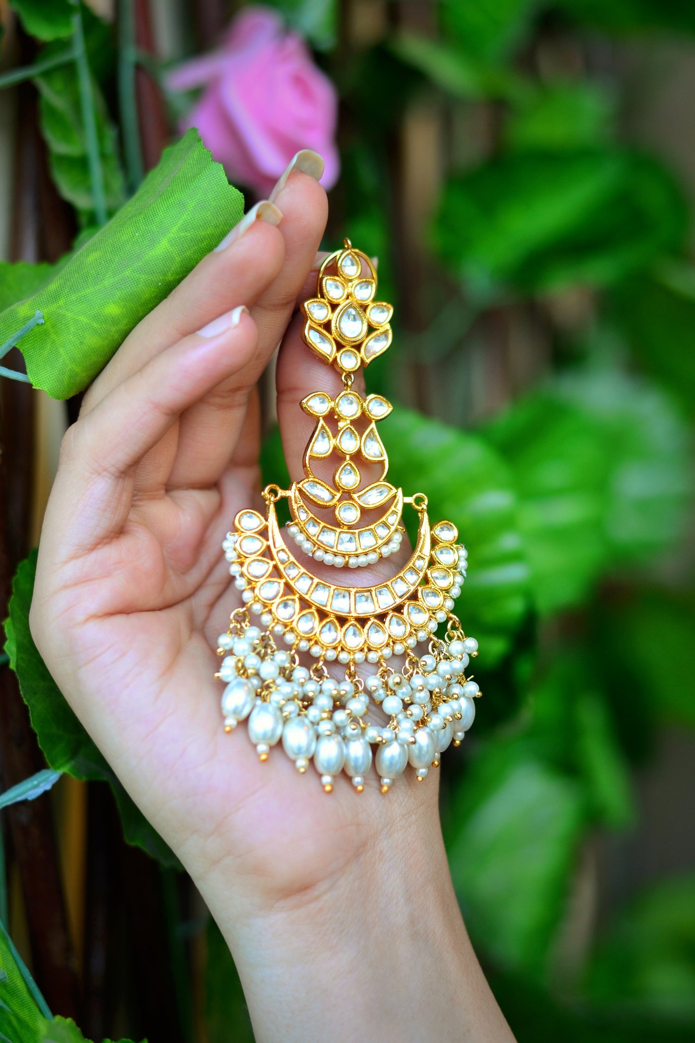 Krishika White Gold Plated Kundan Chandbali Earrings