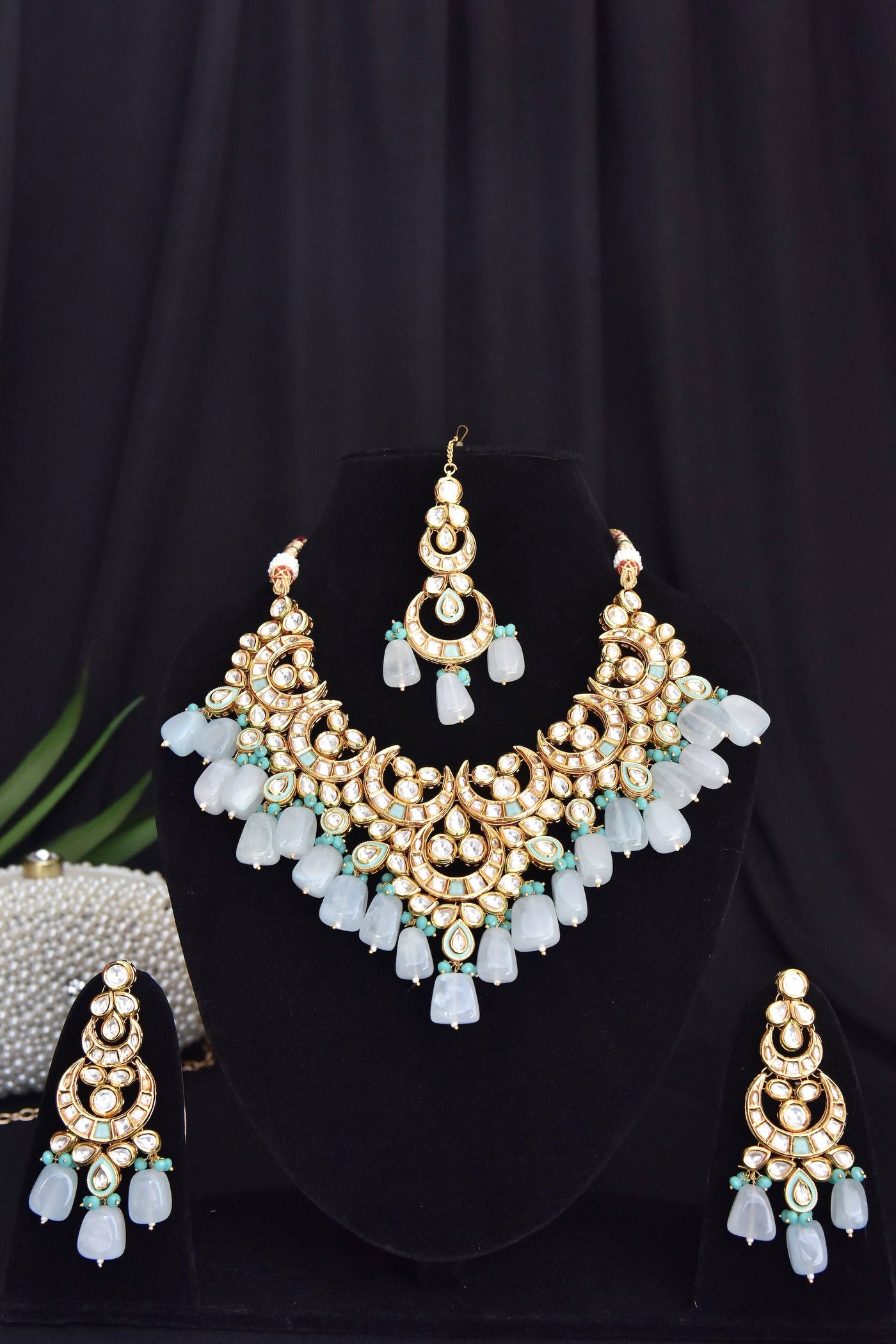 Shrava Blue Gold Plated Kundan Bridal Necklace Set