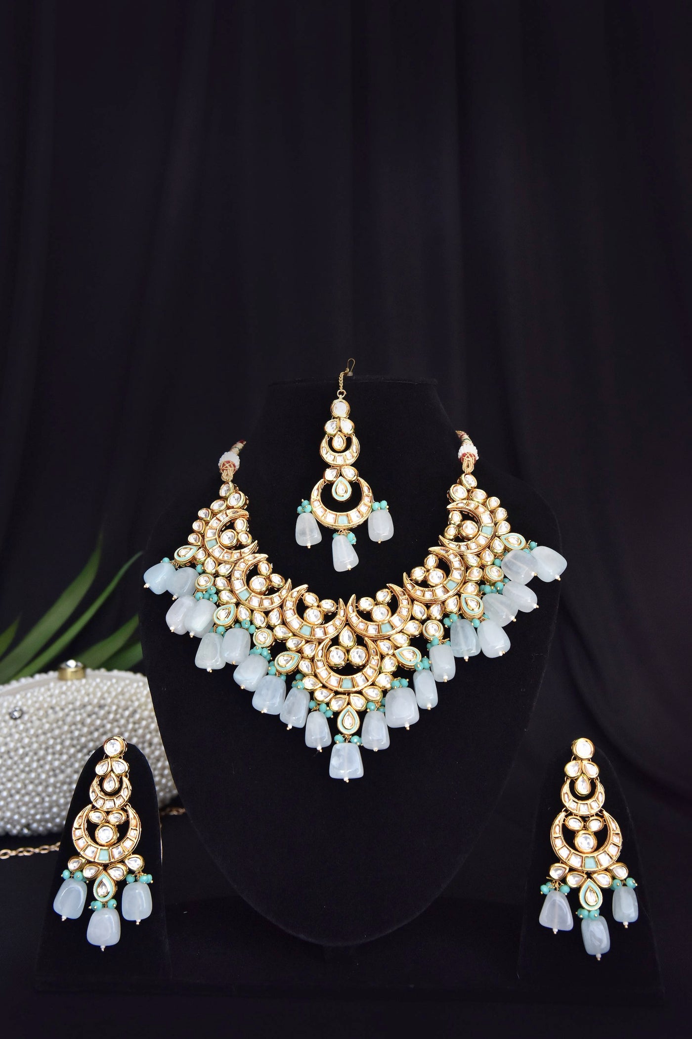 Shrava Blue Gold Plated Kundan Bridal Necklace Set