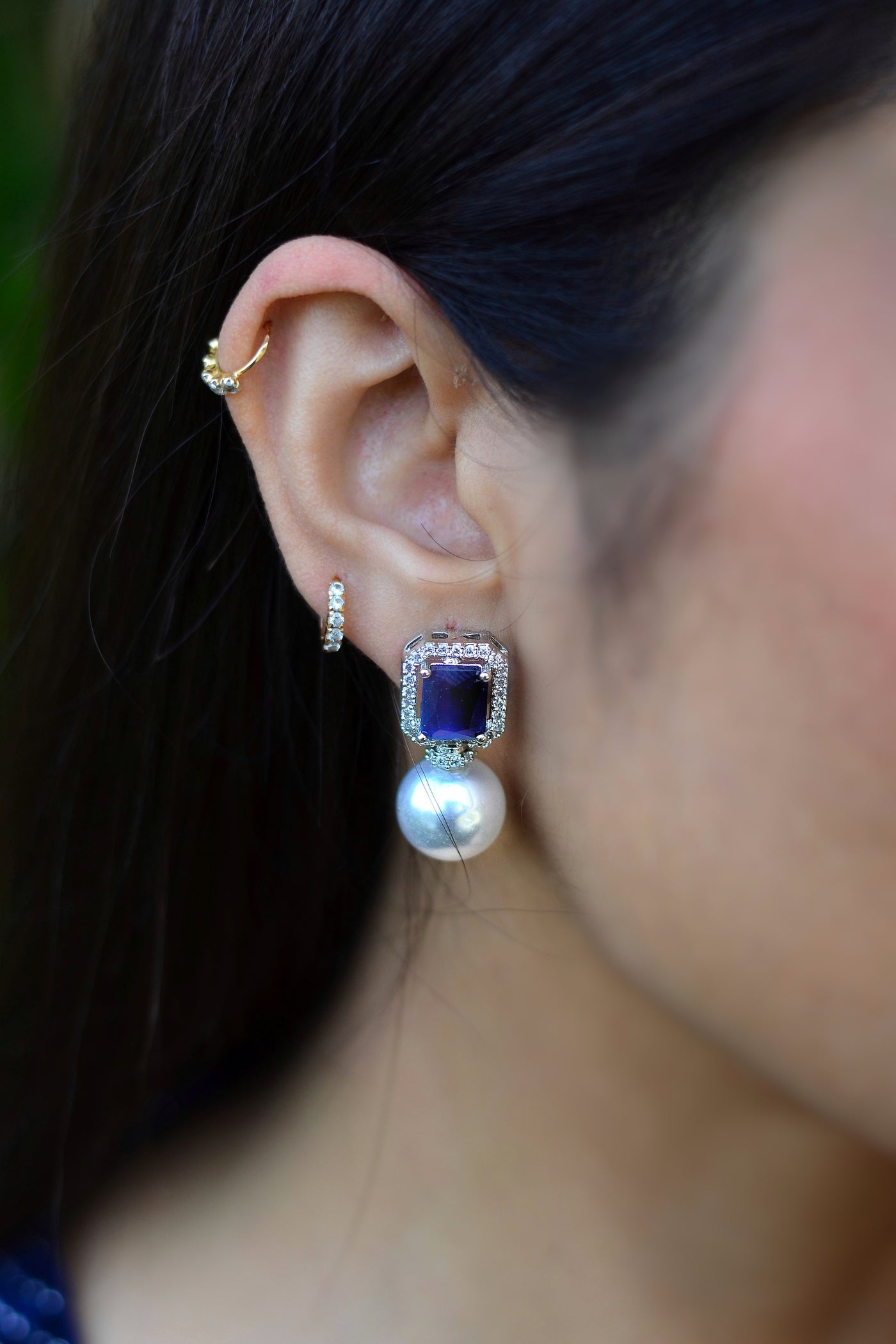 Alicia Pearl Drop Sapphire Silver Plated Zirconia Stud Earrings