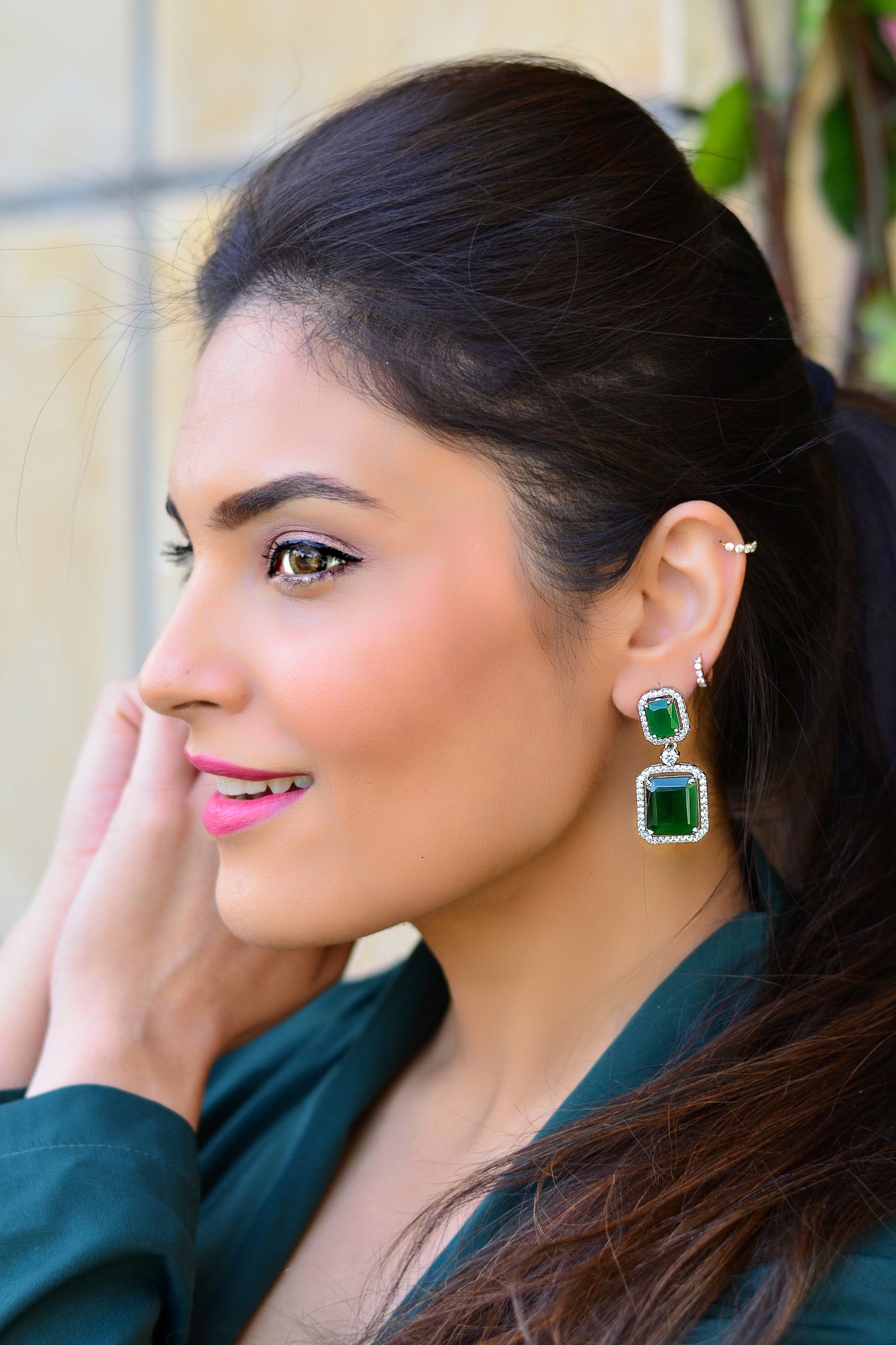 Trona Emerald Silver Plated Zirconia Stud Earrings