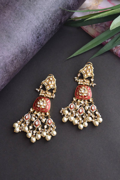 Kavyaa Red Gold Plated Kundan Dangler Earrings
