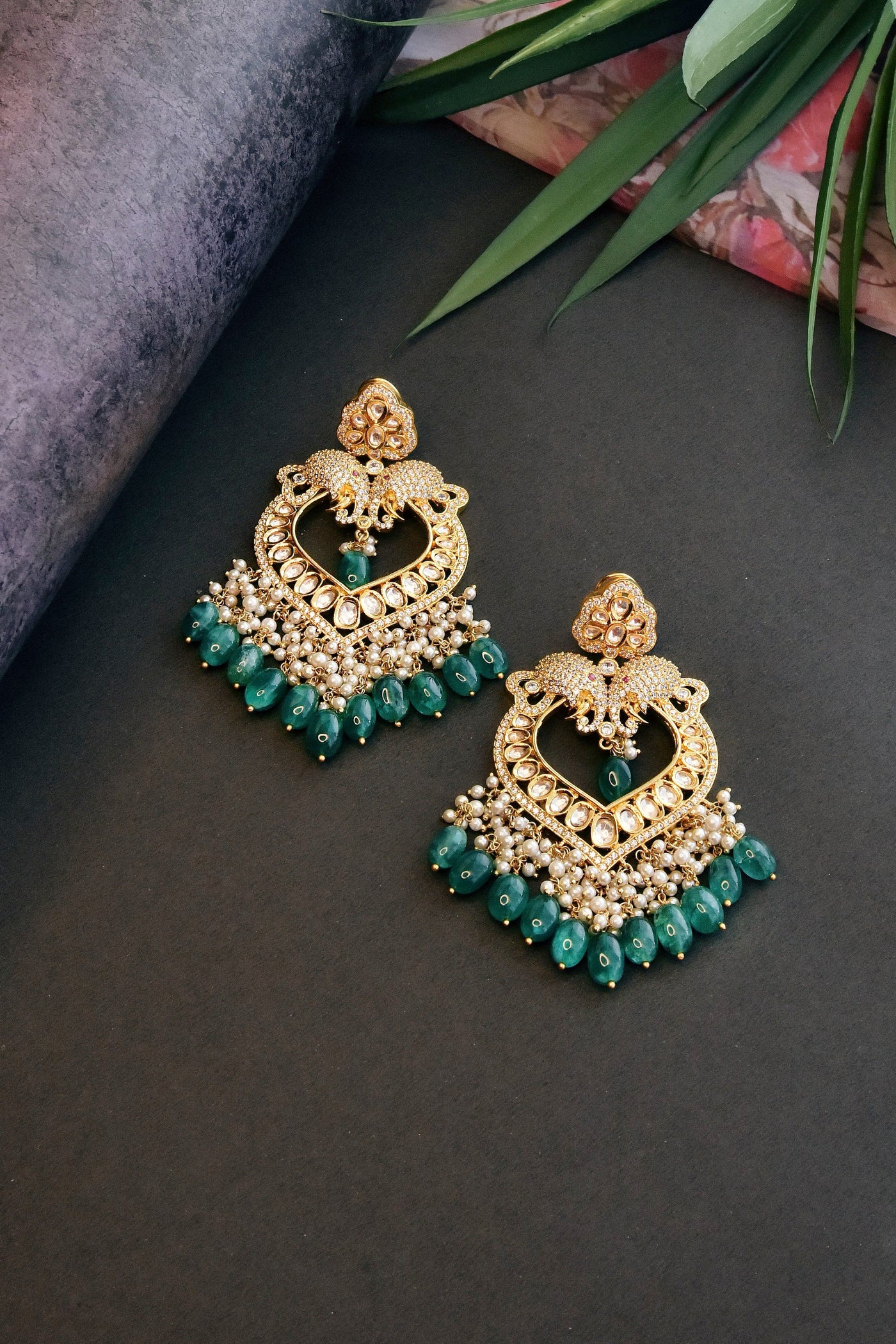 Trishala Green Gold Plated Kundan Dangler Earrings