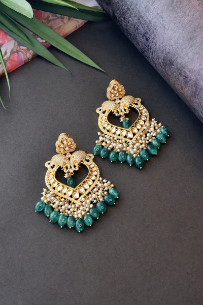 Trishala Green Gold Plated Kundan Dangler Earrings