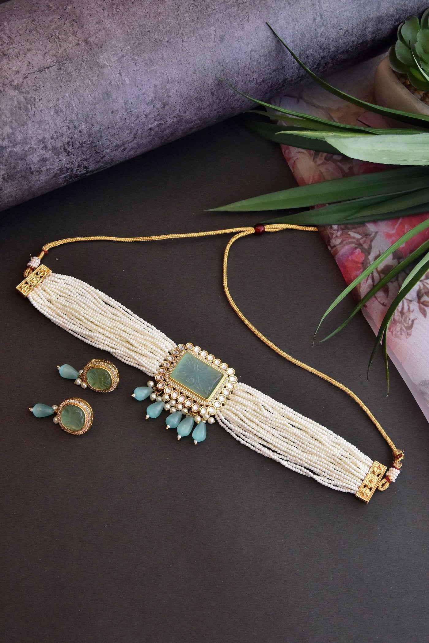 Ranka Green Gold Plated Kundan Choker Necklace Set