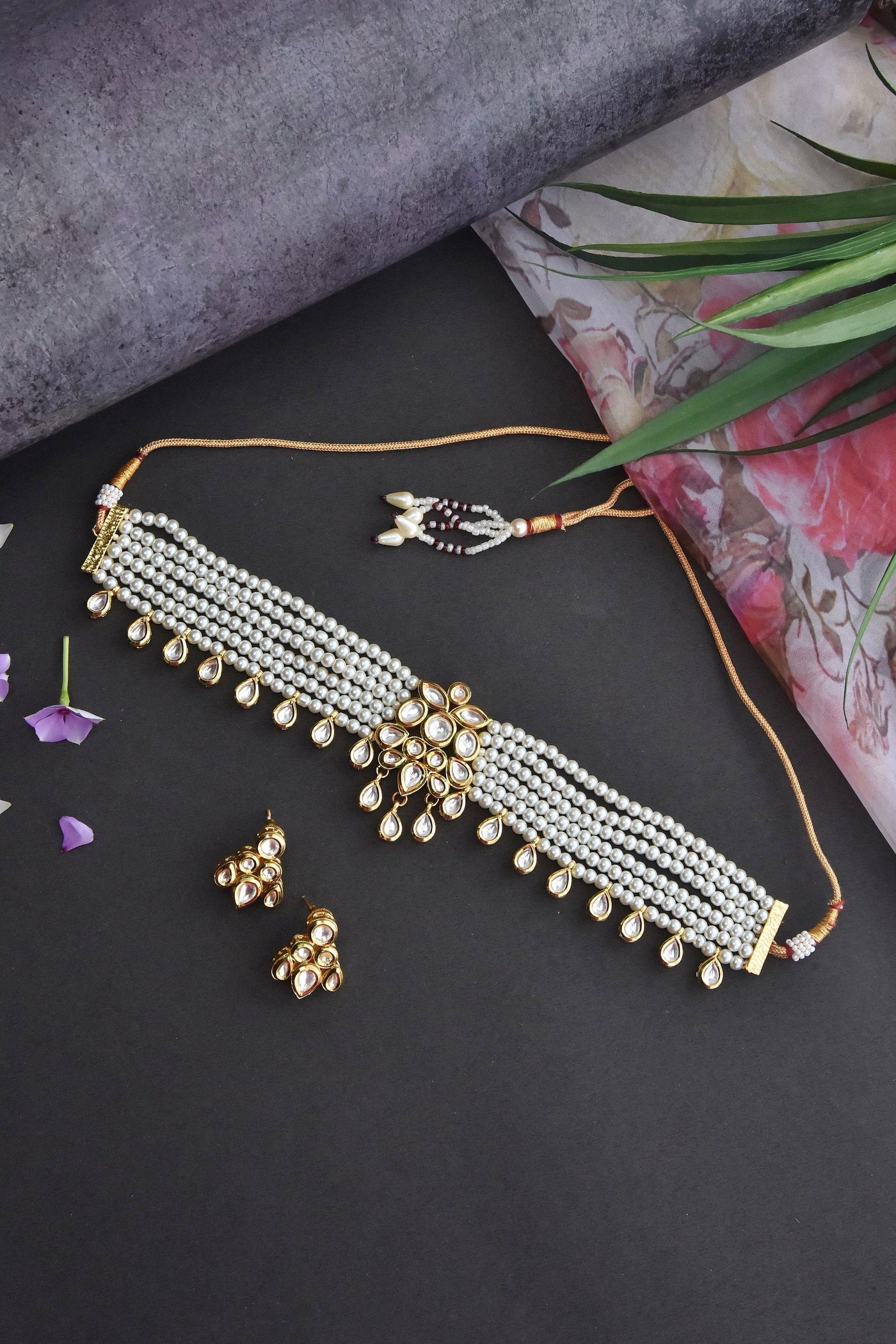 Nidra White Gold Plated Kundan Choker Necklace Set