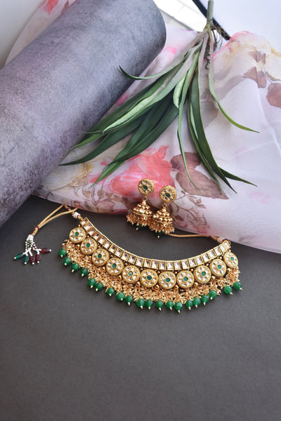 Ehsaas Green Gold Plated Kundan Necklace Set