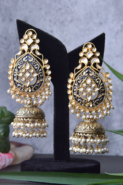 Shashweri Blue Gold Plated Kundan Jhumka Earrings