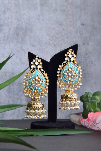 Shashweri Cyan Gold Plated Kundan Jhumka Earrings