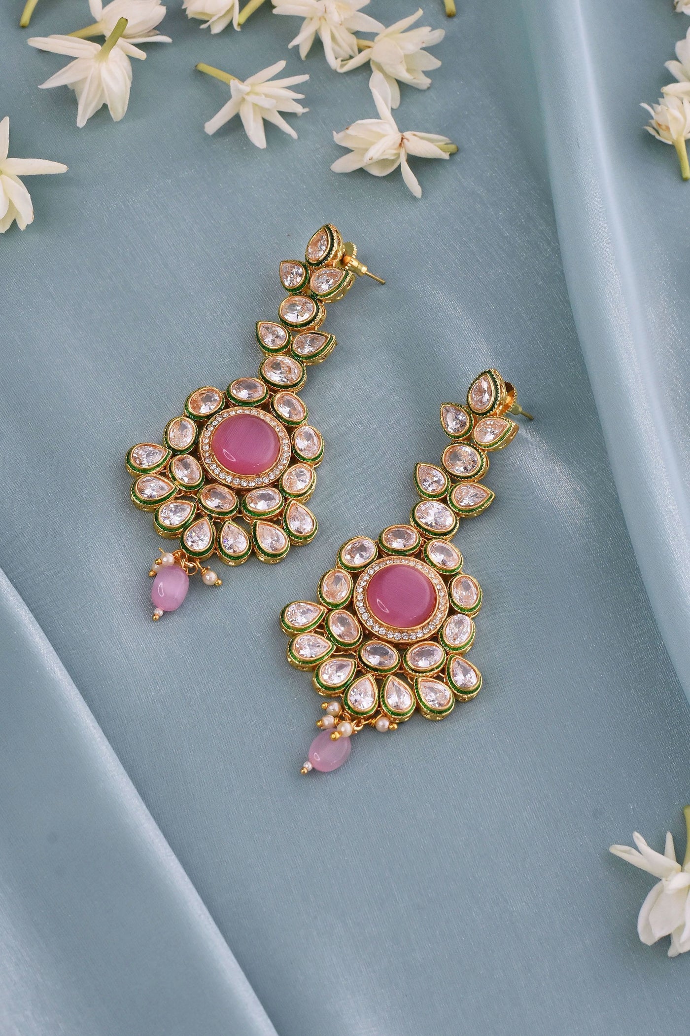Tasha Pink Gold Plated Kundan Dangler Earrings
