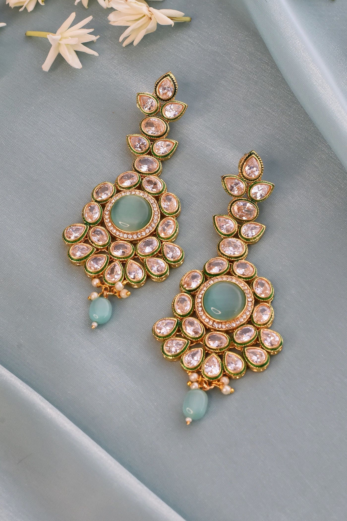 Tasha Green Gold Plated Kundan Dangler Earrings