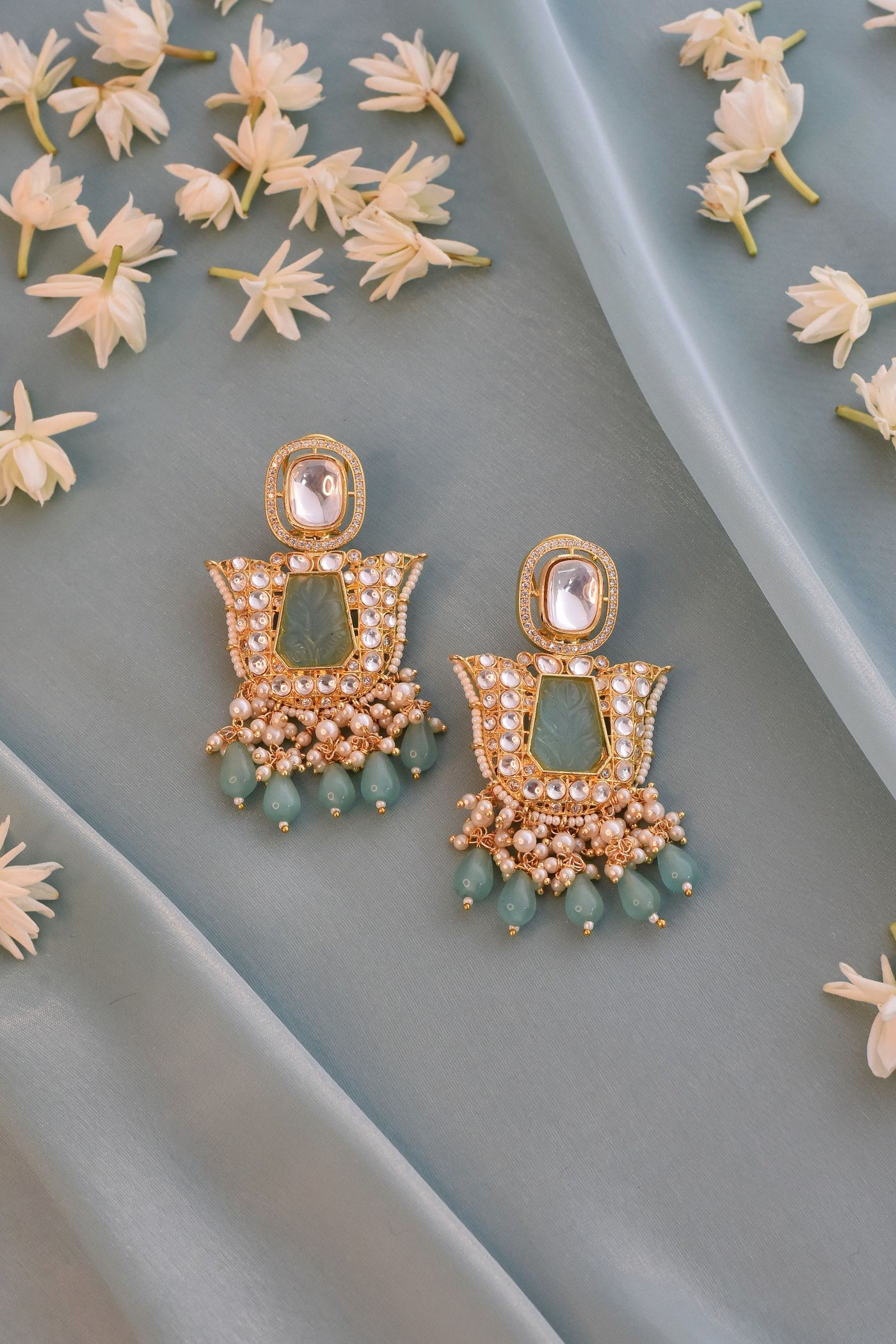 Vedita Green Gold Plated Kundan Dangler Earrings