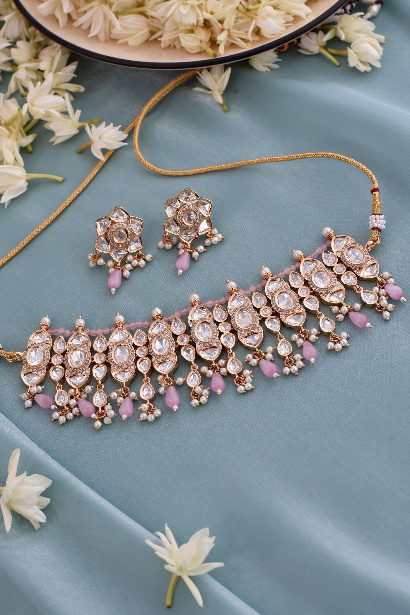 Norah Pink Gold Plated Polki Choker Necklace Set