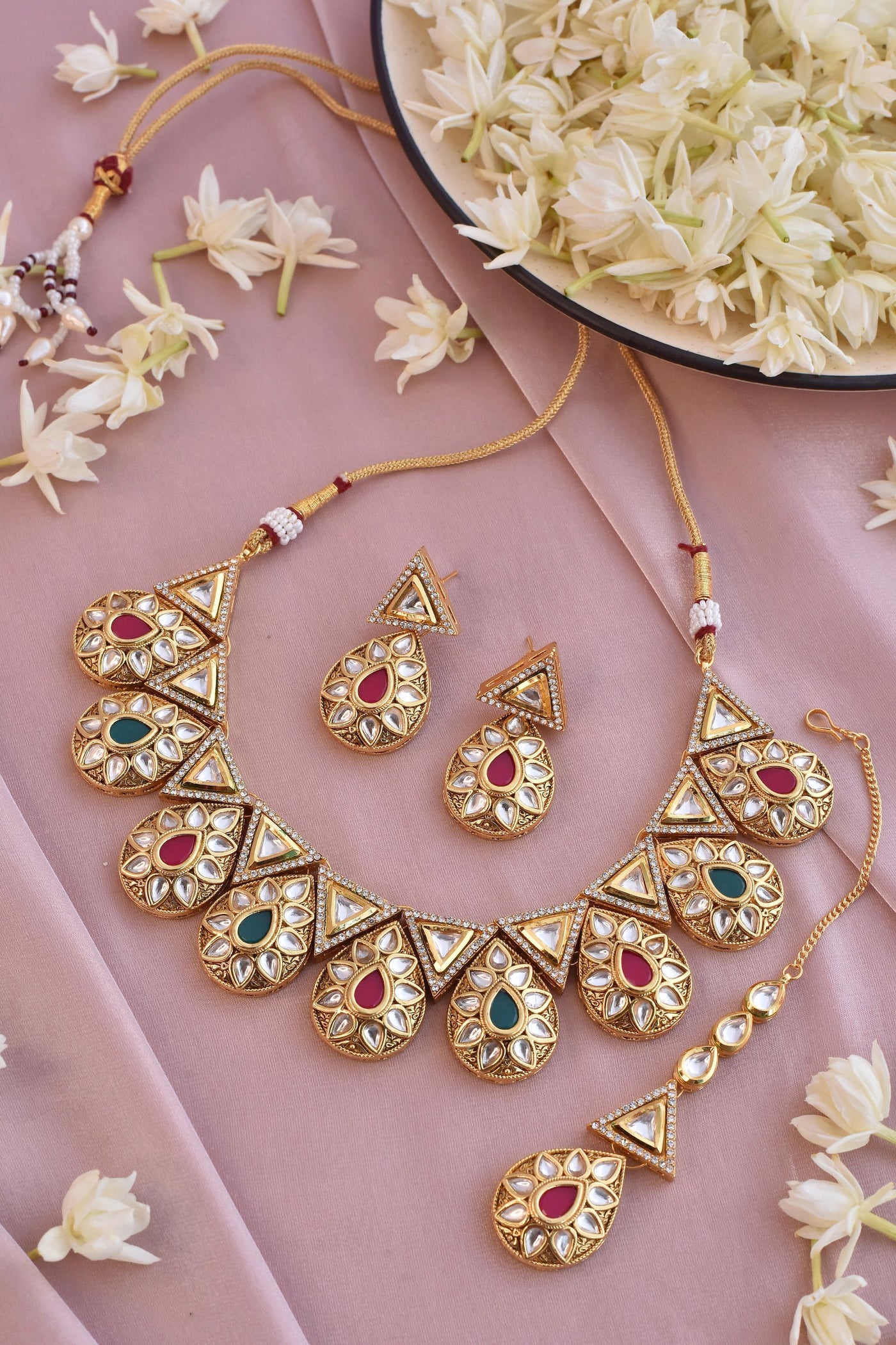 Maalna Multicolour Gold Plated Kundan Necklace Set