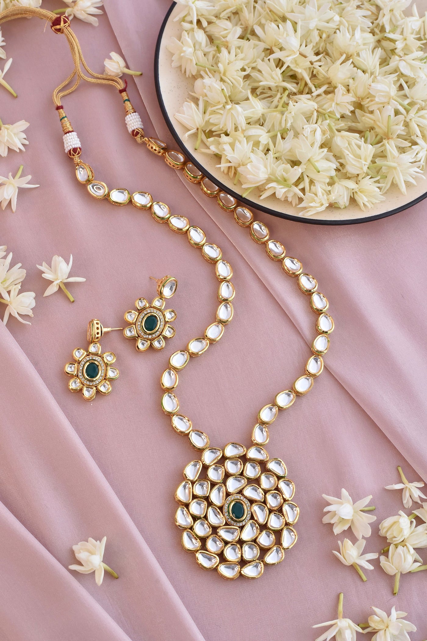 Nehma Green Gold Plated Kundan Long Necklace Set