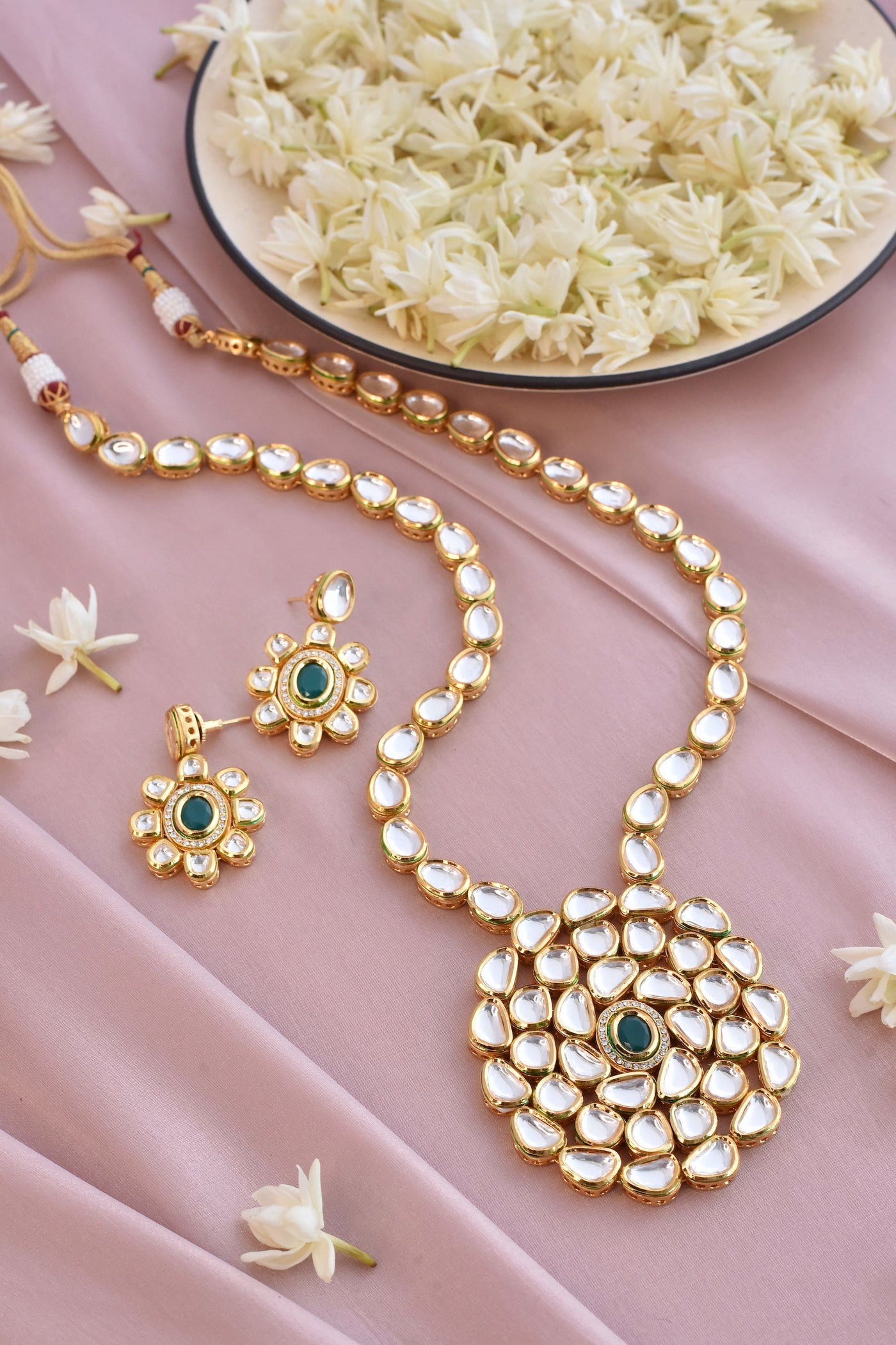 Nehma Green Gold Plated Kundan Long Necklace Set