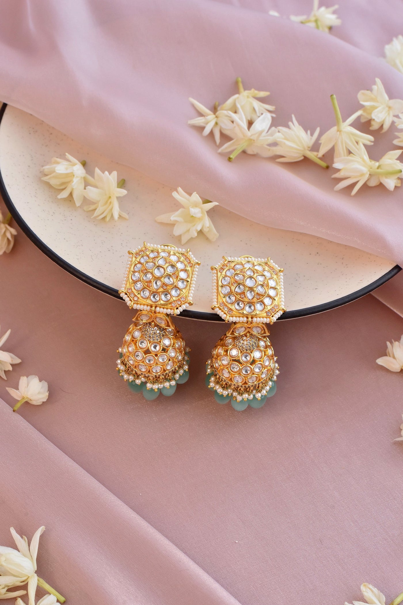 Shraja Green Gold Plated Kundan Jhumka Earrings