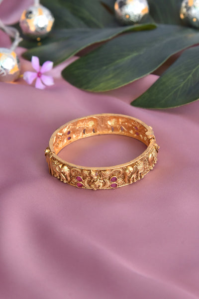 Bhima Red Gold Plated Elephant Embossed Temple Bangle
